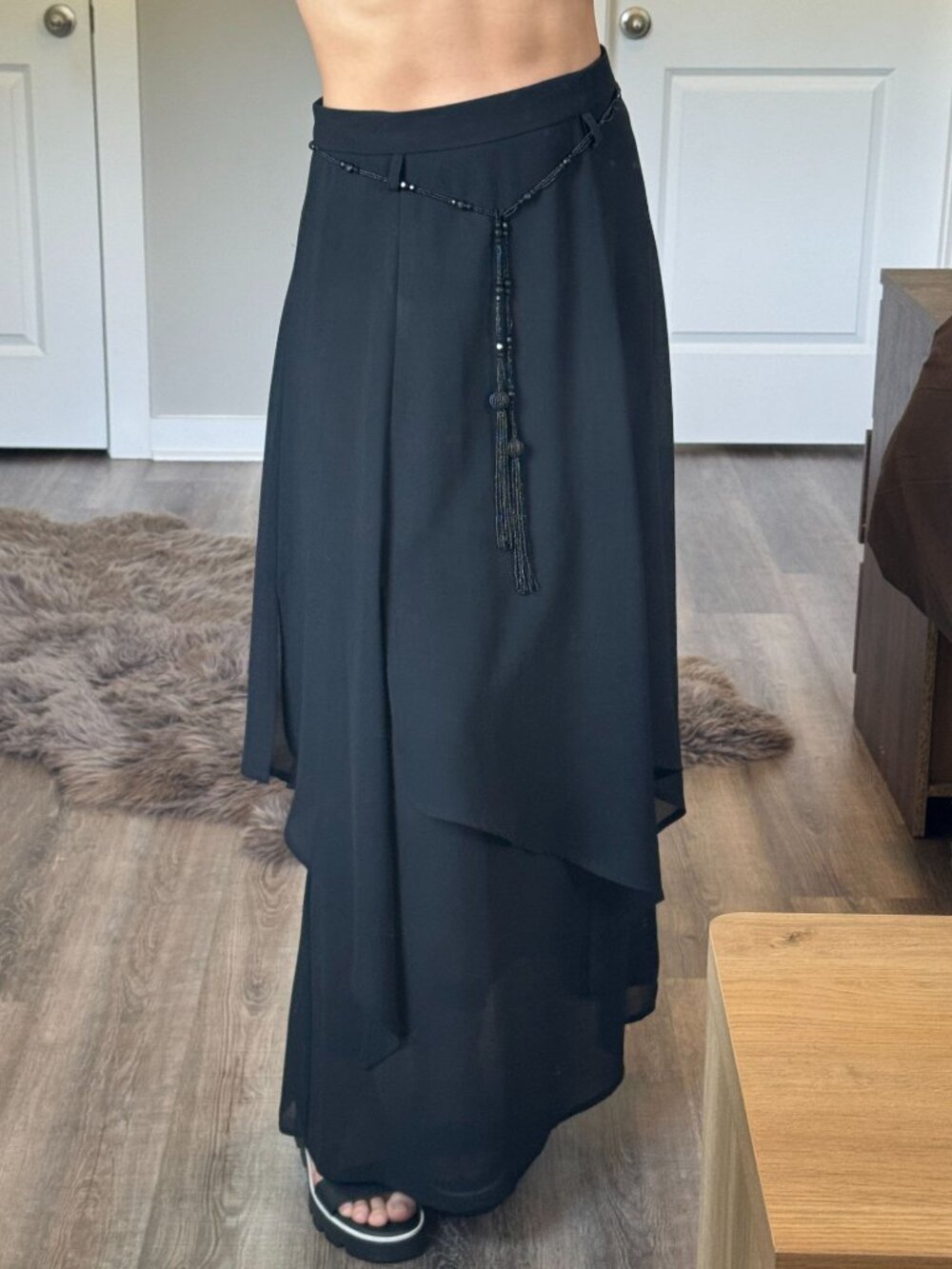 Vintage 90s Ribkoff Black Chiffon Maxi Skirt Beaded Belt Black Whimsigoth Fairy - Picture 4 of 14